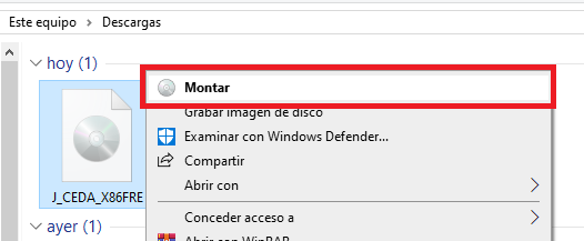 seleccionar montar imagen ISO windows 10