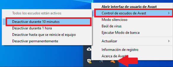 desactivar avast antivirus temporalmente windows 10