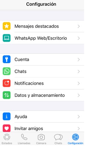 Menú de configuración de WhatsApp