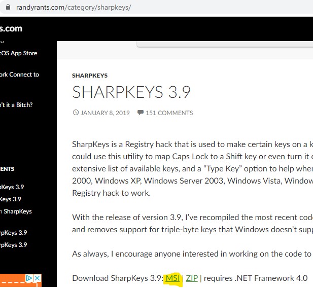 Página de descarga de SharpKeys.