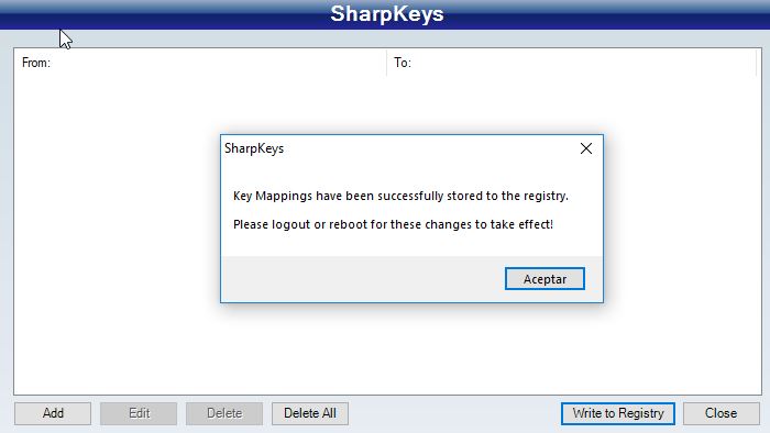 SharpKeys sin ninguna tecla reasignada.