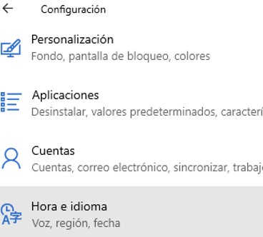 Opción “hora e idioma” de la configuración de Windows.
