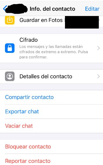 Opción “exportar chat” de un contacto de WhatsApp.