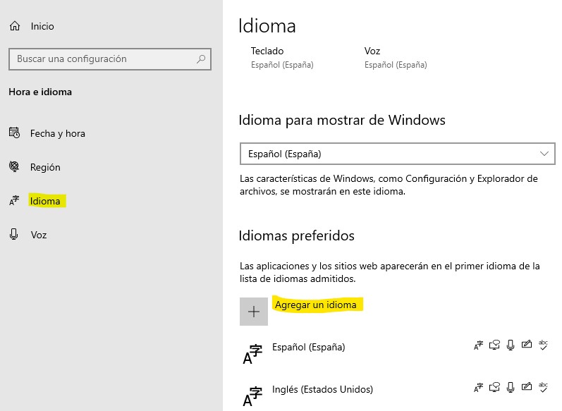 Opción “agregar un idioma” en la configuración de idioma de Windows.
