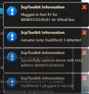 Notificaciones de ScpToolkit mientras te instala los controladores del mando del PS3. 