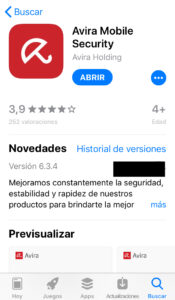 App de Avira en la tienda digital para iOS.