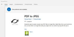 Página de la aplicación “PDF to JPEG” en la Microsoft Store.