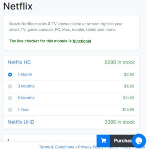 Lista de precios para los distintos tipos de suscripciones de Netflix en AccountBot, y el botón “Purchase”.