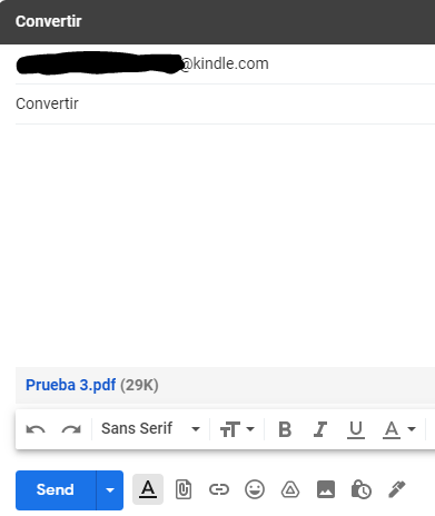 Correo con el asunto “Convertir” para tu email de Kindle.