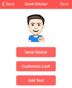 Opciones “Customize Look”, “Save”, y “Send Sticker” de Emoji Me. 