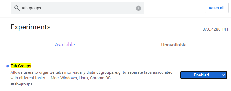 Función “Tab Groups” de Chrome, junto con su menú desplegable con la opción “Enabled” seleccionada. 