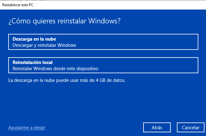 Botón “Descargar en la nube” de la sección “¿Cómo quieres reinstalar Windows?” del asistente para restablecer Windows 10.