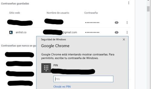 Lista de tus contraseñas en Chrome con el icono del ojo, y la ventana “Seguridad de Windows” para insertar tu PIN de tu ordenador.