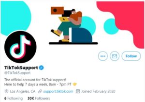 Perfil de soporte técnico de TikTok en Twitter.