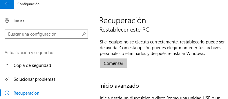 Botón “Comenzar” del apartado “Restablecer este PC” de la opción “Recuperación” del menú de “Actualización y seguridad” de Windows.