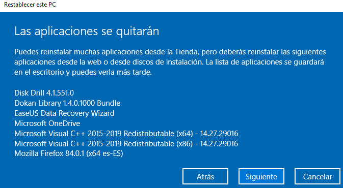 Lista de programas que se desinstalarán al restablecer tu PC según el asistente para restablecer Windows 10.