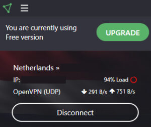 VPN de ProtonVPN activada. Se observa que se le ha asignado una nueva dirección IP a nuestro ordenador.