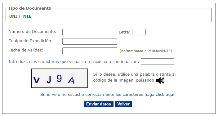 Formulario que te pide los datos de tu DNI caducado, el cual muestra el botón “Enviar datos”.