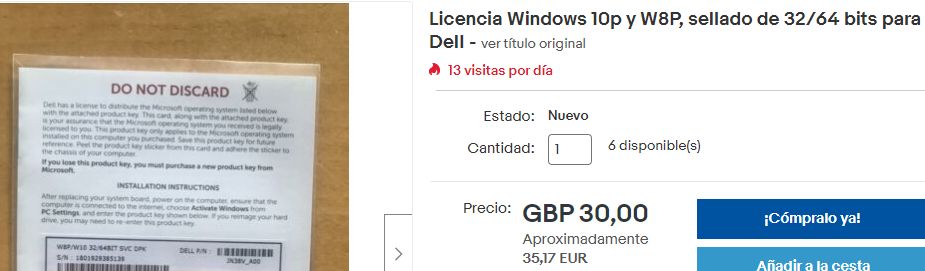 Página web de eBay mostrando una licencia de Windows 10 en venta a un precio de 35,17 euros.