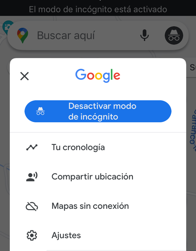 Modal de Google Maps mostrando el botón “Desactivar modo de incógnito”.