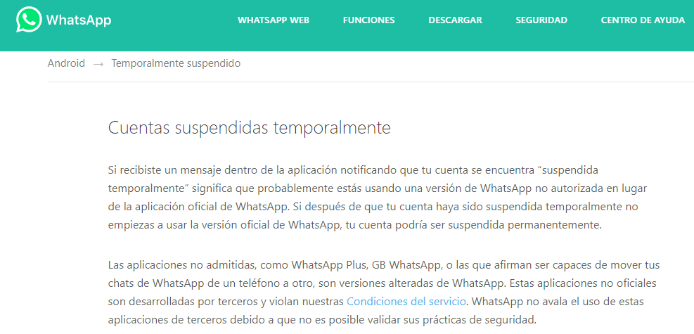 Sitio web oficial de WhatsApp mostrando los términos y condiciones de la app. Aquí se puede leer que tu cuenta de WhatsApp puede ser suspendida por usar WhatsApp Plus.