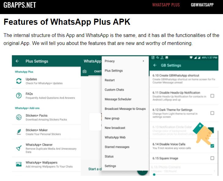 Sitio web de GBAPPS.NET mostrando algunas de las características de WhatsApp Plus.