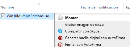 ISO con Windows 10, el cual muestra la opción “Montar” si le haces clic derecho.