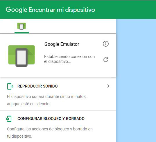 Versión web de “Encontrar mi dispositivo” de Google, el cual muestra que un móvil con Android está siendo rastreado, y también muestra las opciones “Reproducir sonido” y “Configurar bloqueo y borrado”.