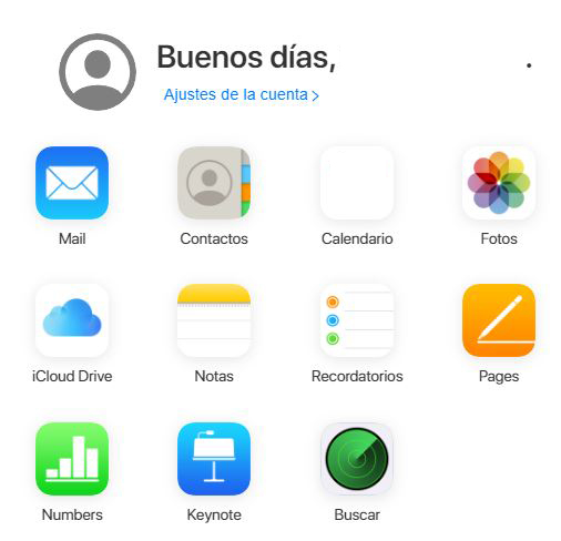 Página principal de la cuenta de iCloud de un usuario, en donde se puede observar la app “Buscar”.